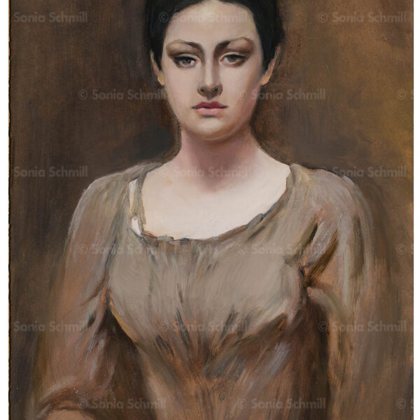 A painting of a woman in brown dress