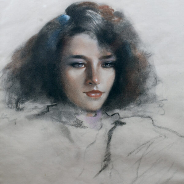 A woman with long hair and a blue ribbon in her hair.