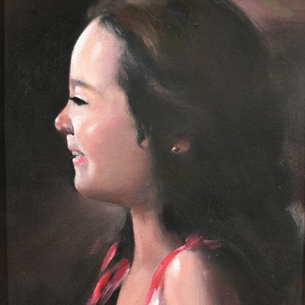 A painting of a young girl with long hair.