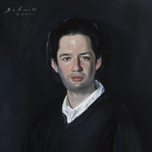 Portrait painting of a man with dark background.