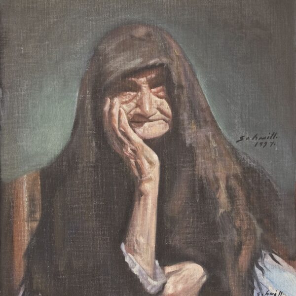 A painting of an old woman with long hair