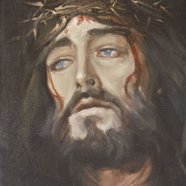 A painting of jesus with a crown of thorns.