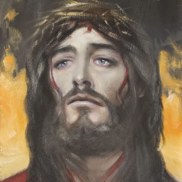 A painting of jesus with his head covered in thorns.