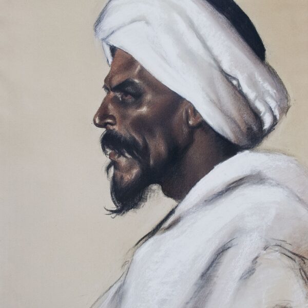 A painting of an old man wearing white