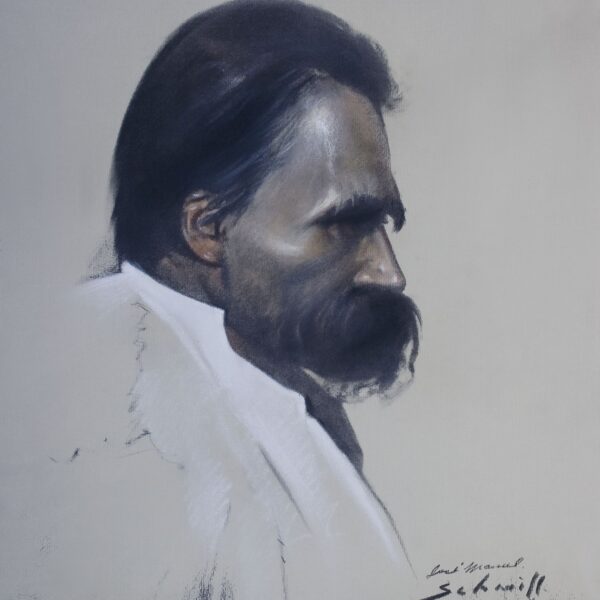 A painting of a man with long hair and beard.