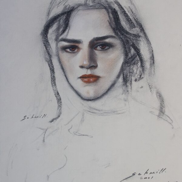 Portrait sketch of a woman with signature.