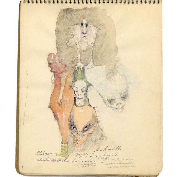 A drawing of some people and animals