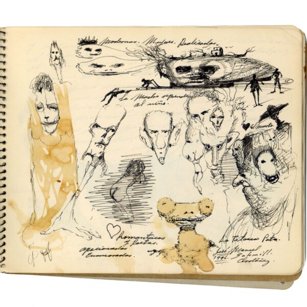 A book with many drawings of people and faces.