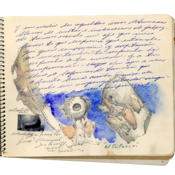 A drawing of an animal and a person.