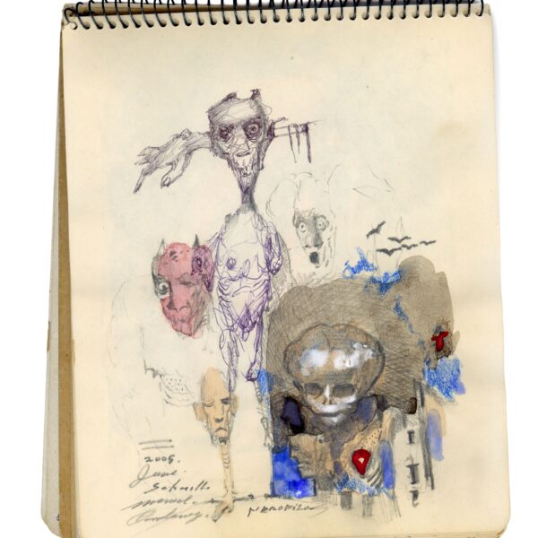 A drawing of faces and birds on paper.