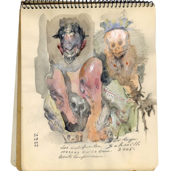 A painting of some people and skulls on paper