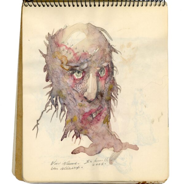 A drawing of a face with lots of paint on it.