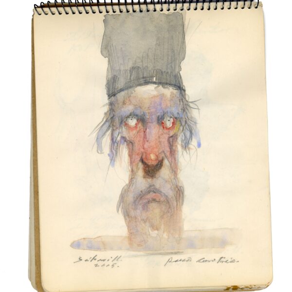 A painting of a dog with a hat on top.