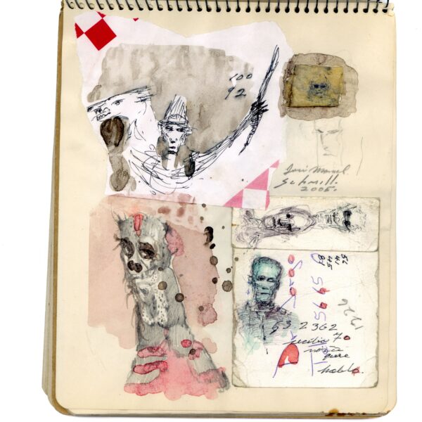 A notebook with some drawings of people and other items