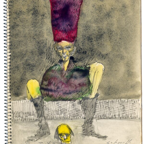 A drawing of a man sitting on top of another person.