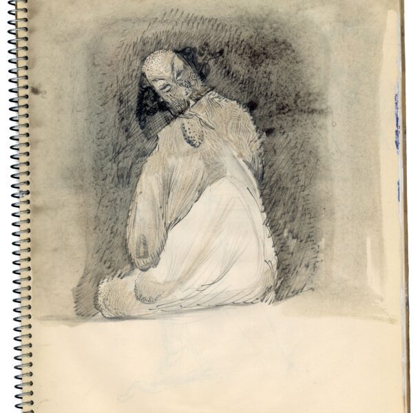 A drawing of a woman sitting on the ground