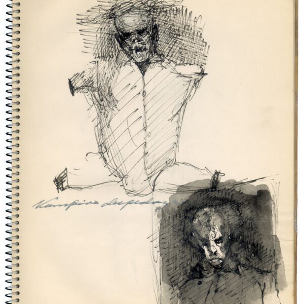 A drawing of two people sitting on the ground