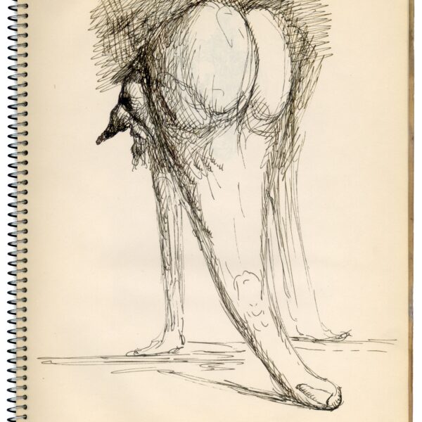 A drawing of an elephant with its back turned.